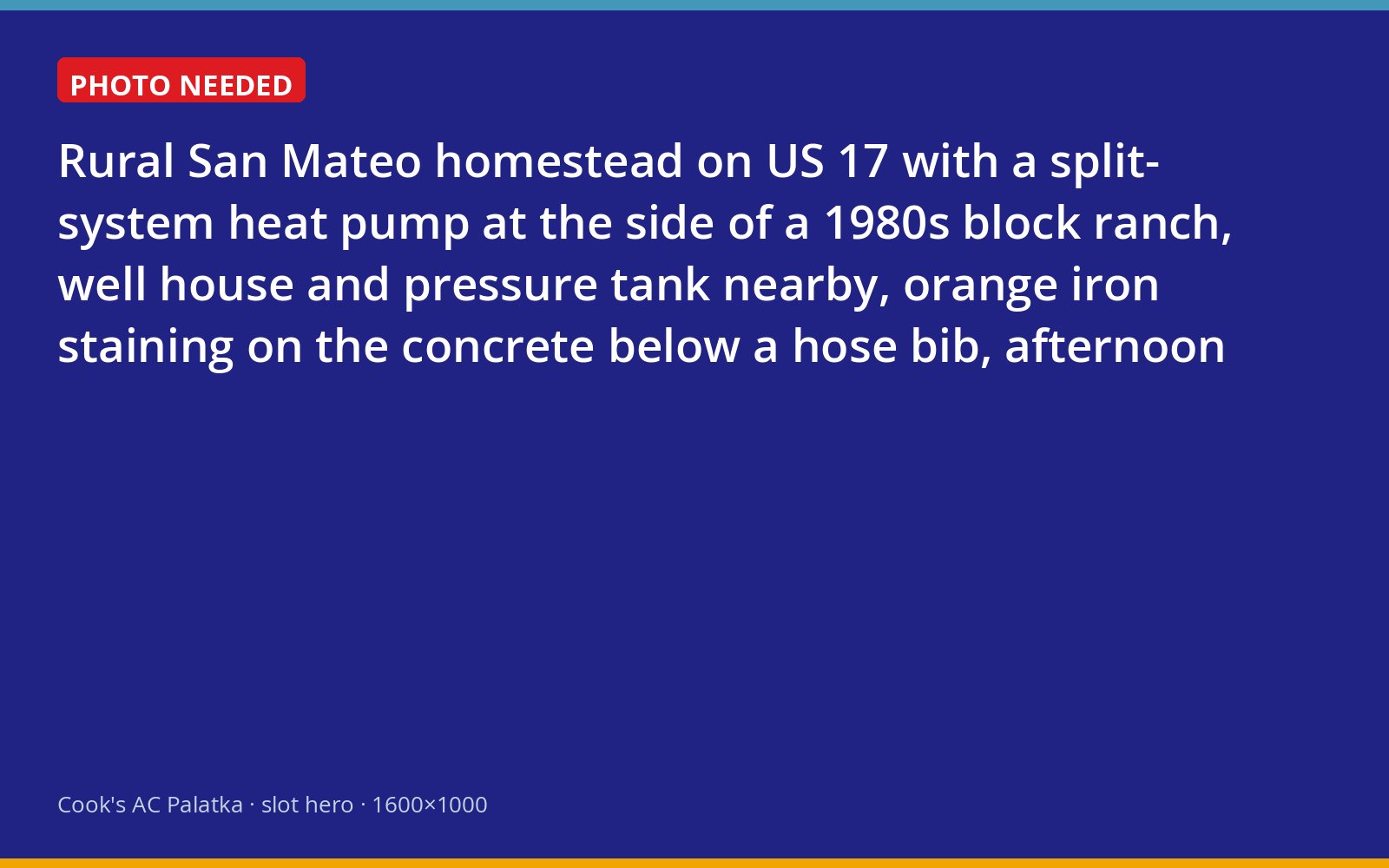 Heat pump beside a block ranch house in San Mateo with a well house and iron-stained concrete