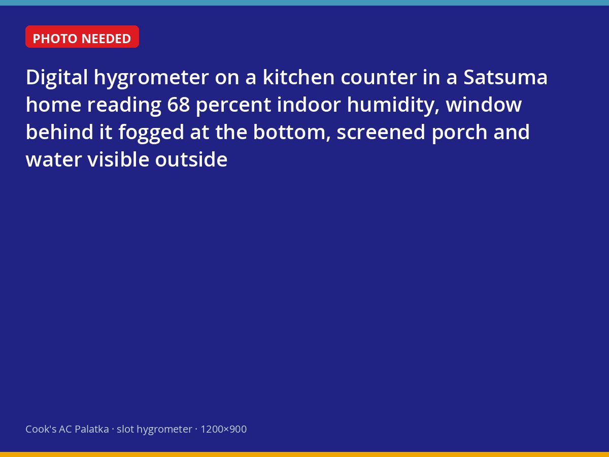 Indoor hygrometer showing high humidity in a Satsuma home near the water