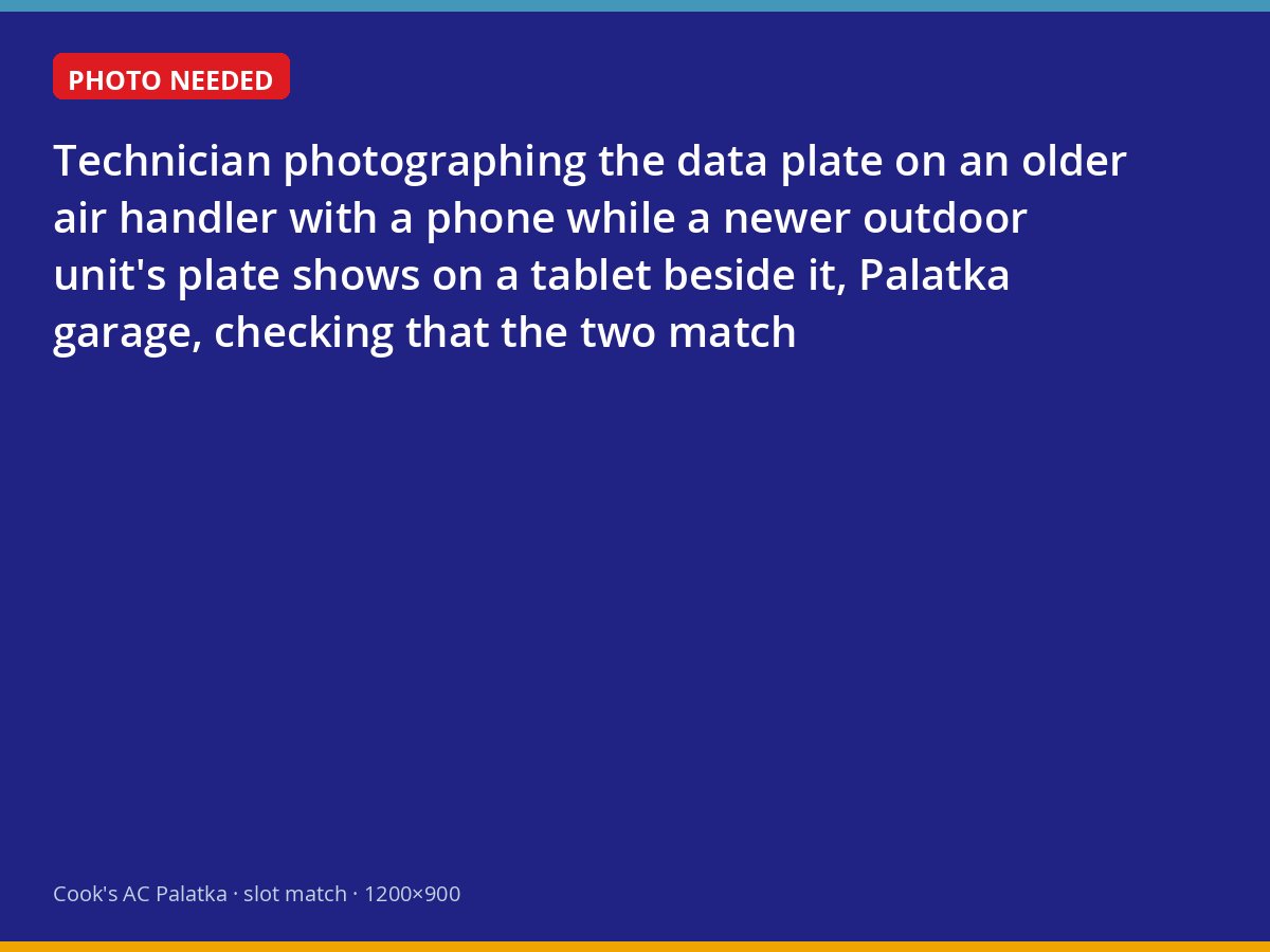 Technician comparing air handler and outdoor unit data plates for a match