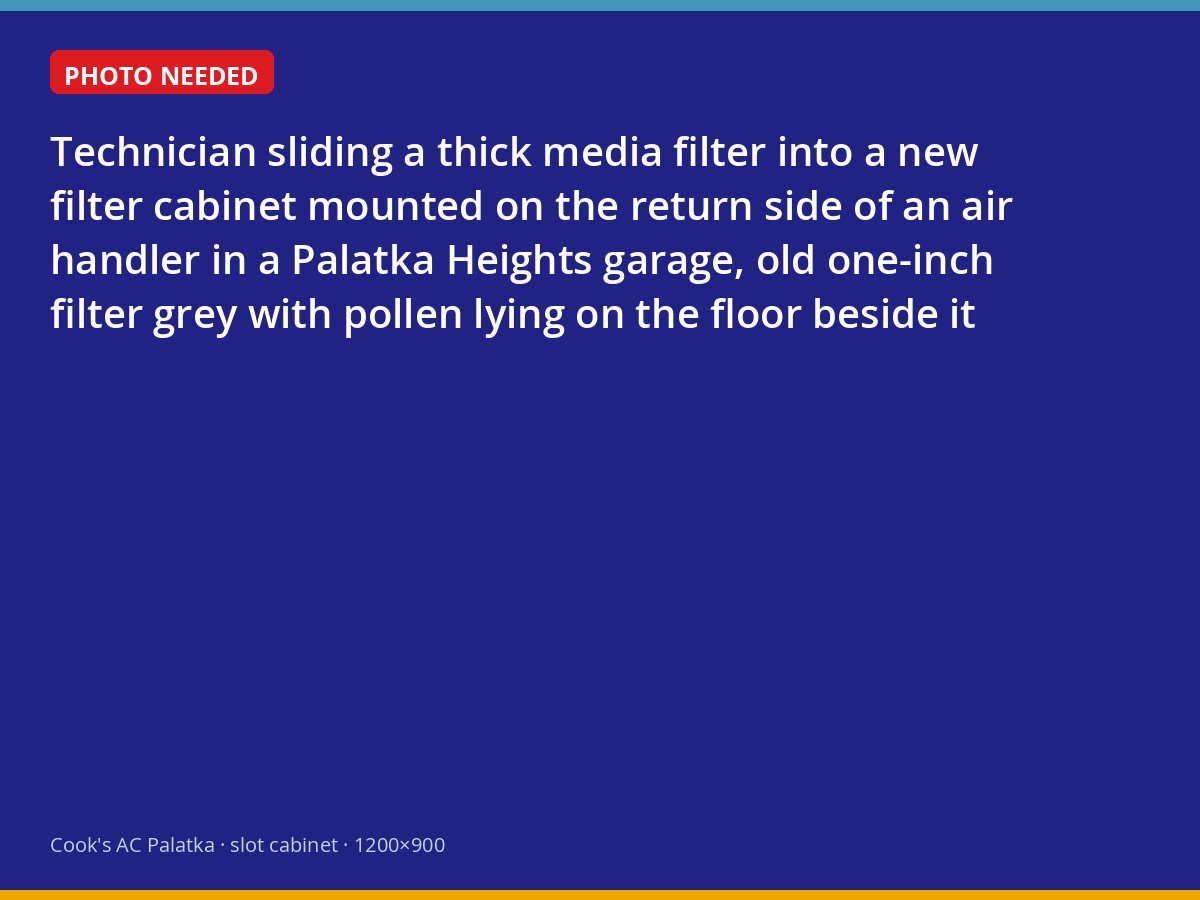 Media filter cabinet being installed on a Palatka air handler, old pollen-caked filter on the floor