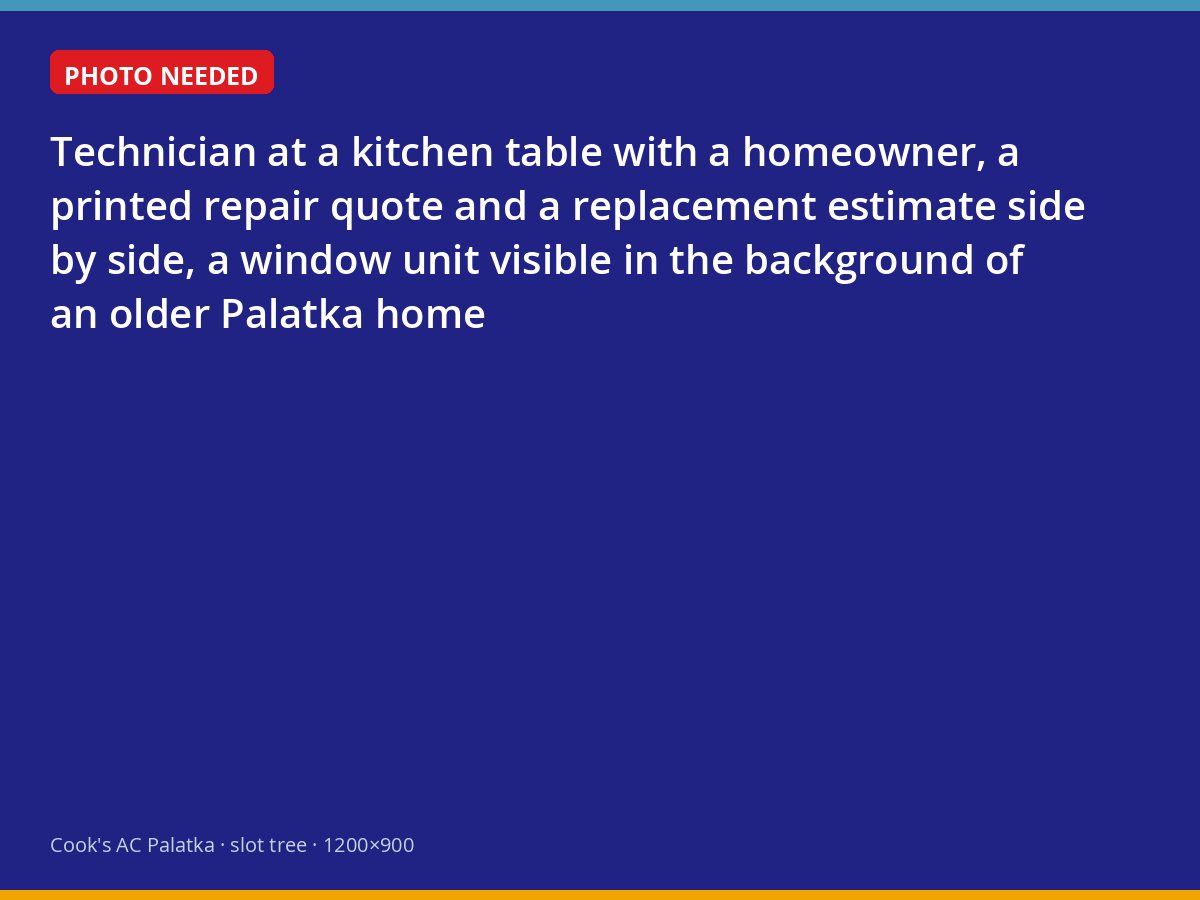 Technician explaining a repair quote and a replacement estimate at a Palatka kitchen table