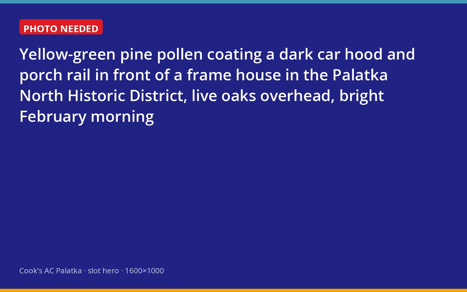Pine pollen covering a porch rail and car in the Palatka North Historic District