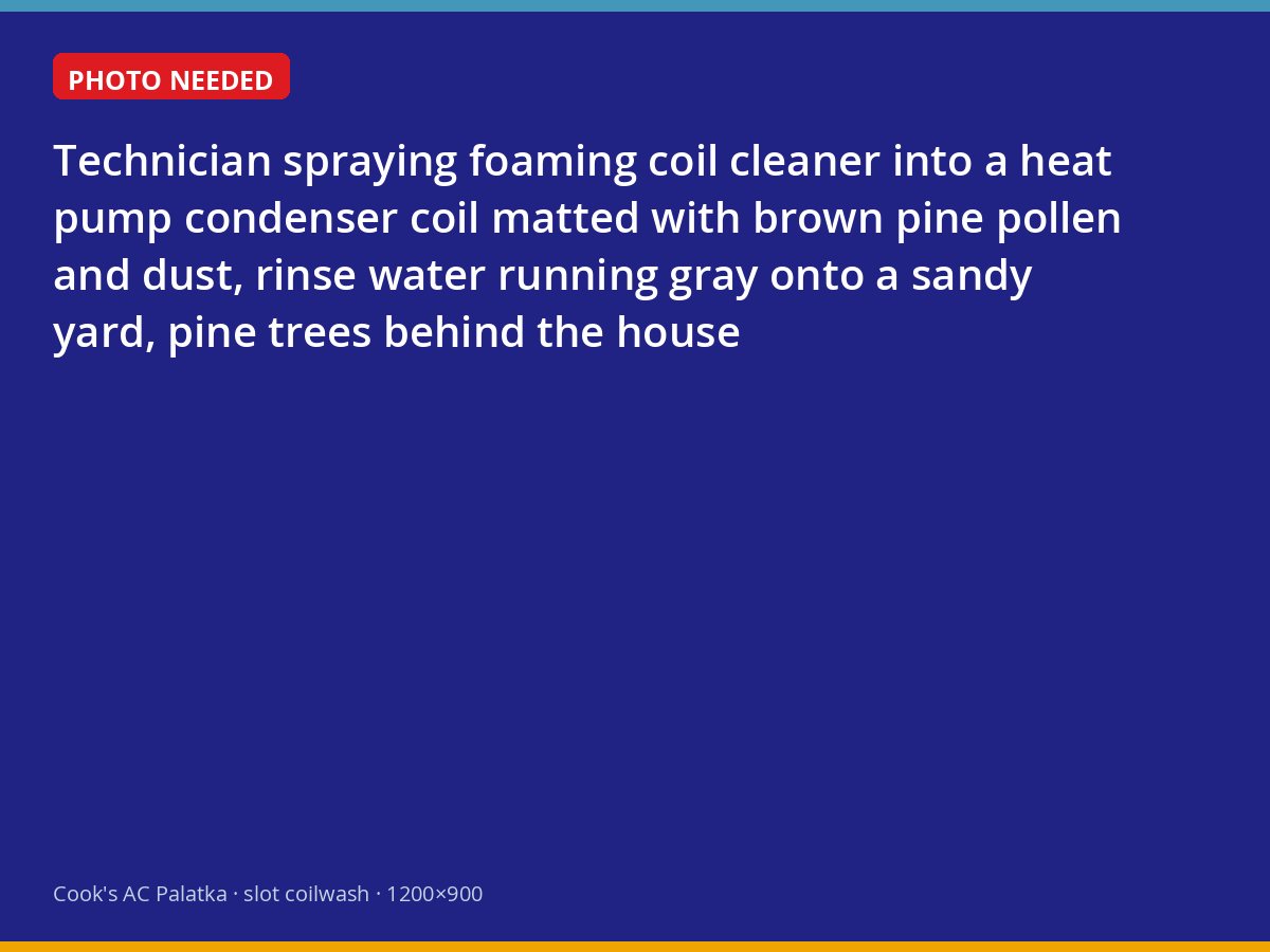 Technician cleaning a pollen-caked heat pump coil in a Putnam County yard