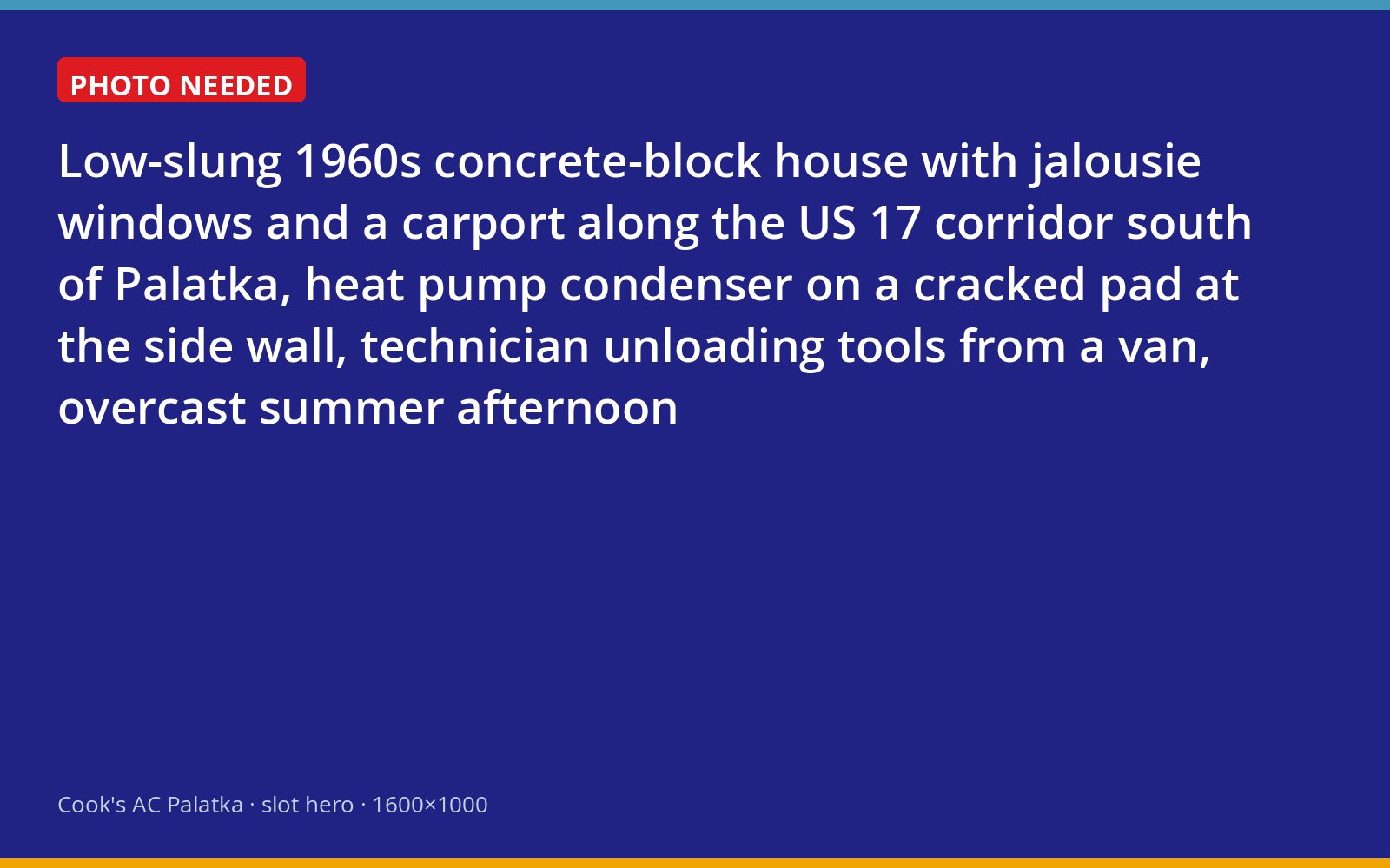 Technician arriving at a 1960s block house with a heat pump on the US 17 corridor near Palatka